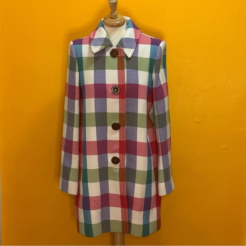 Kate Spade Pink Green and Blue Bold Plaid Spring Car Coat - LIKE NEW - Size 4